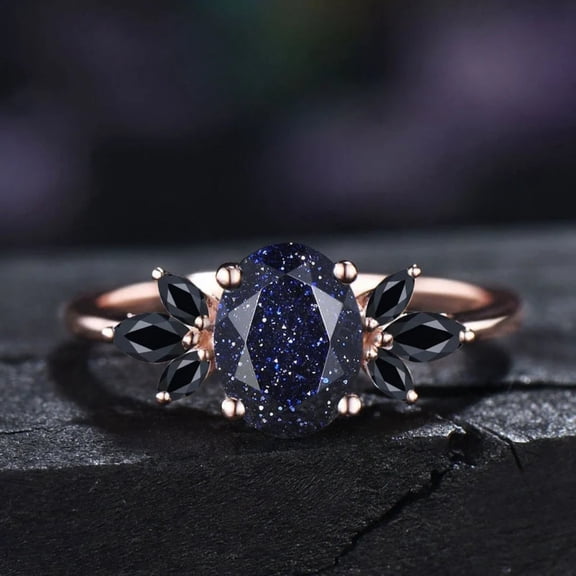 Oval Cut Blue Sandstone Engagement Ring in 14K Rose Gold Vermeil - Black Gem Floral Accent Ring - Celestial Galaxy-Inspired Statement Ring for Women – Handmade Fine Jewelry