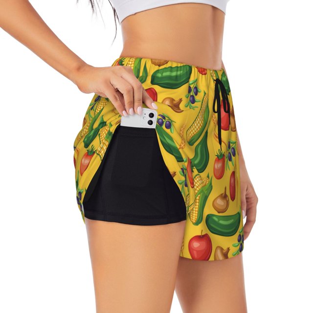 Balery Colorful Vegetables Pantalones cortos deportivos para mujer con forro y dos bolsillos, elásticos, para entrenamiento, gimnasio, yoga-Large