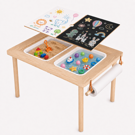 Wooden Sand and Water Sensory Table for Kids, Toddler Play Table with 2 Removable Bins, Reversible Covers and Paper Roll