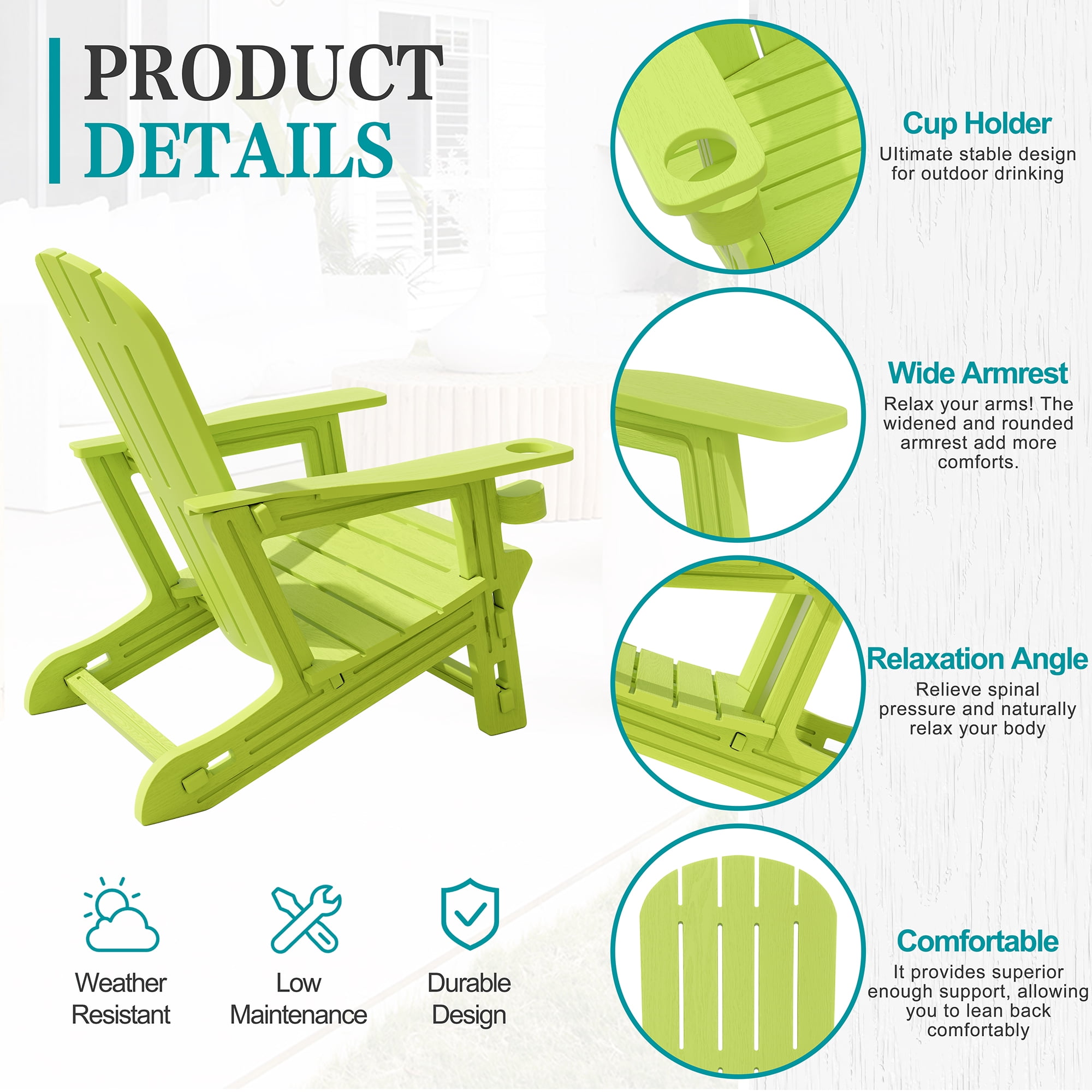Walsunny Adirondack Chairs Set of 2 Fire Pit Chair Set with Connecting Tray Cup Holder Removable Tabletop,All-Weather HDPE Outdoor Chair Set for Patio Garden Lawn,Green