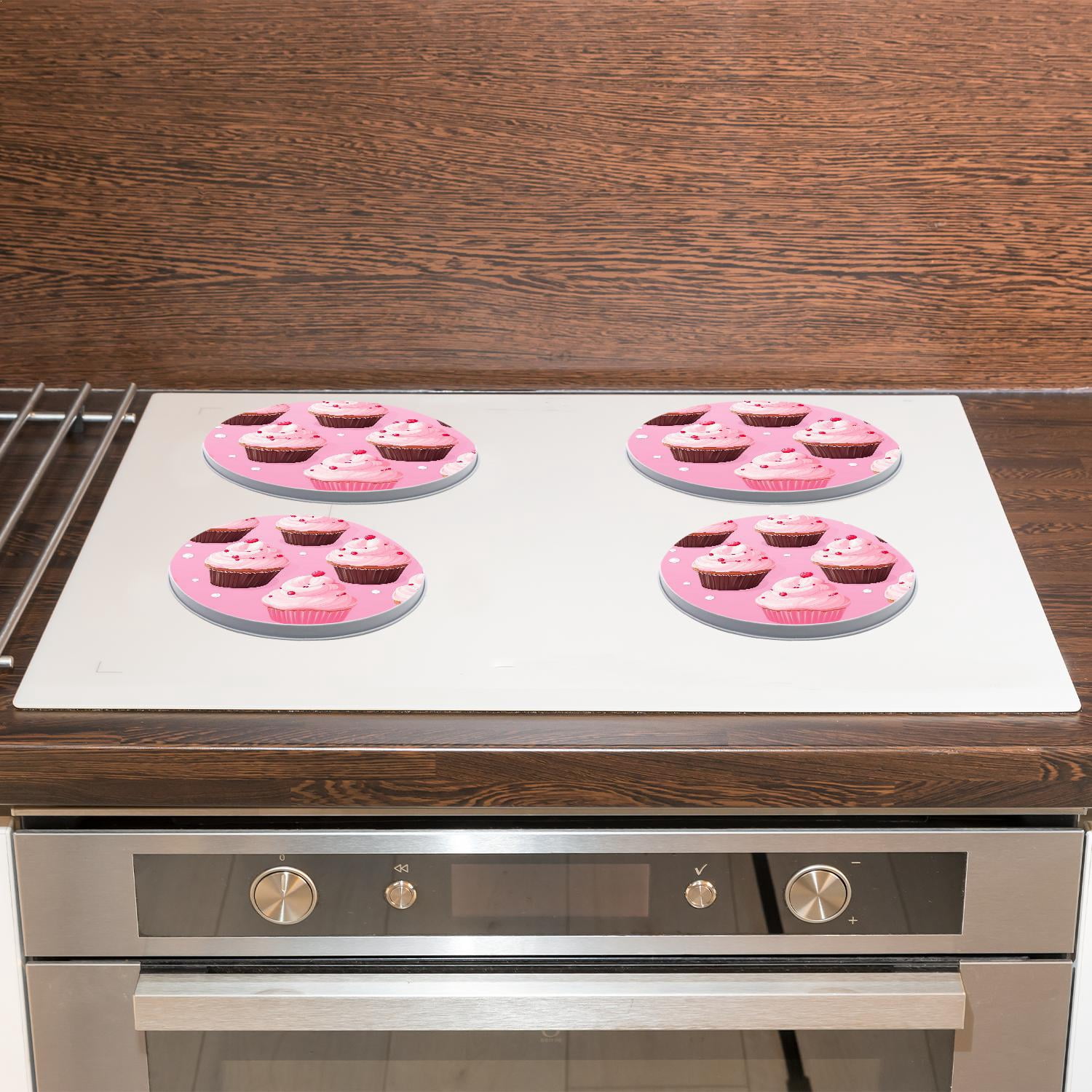 Round Stove Burner Covers 4 Pcs for Home Decor Cooktop Decorative ,Pink Cupcakes Berries design, Metal Round Stove Burner Covers 8Inch And 10Inch