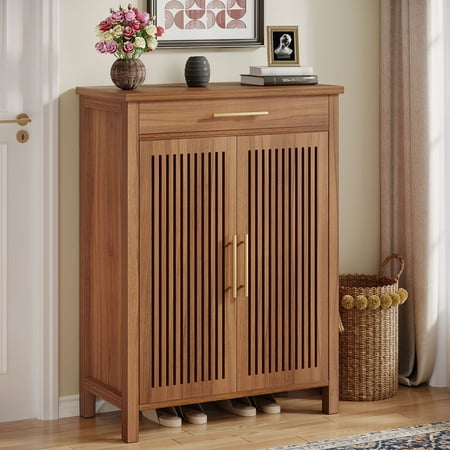 Tribesigns 5-Tier Shoe Cabinet, Shoe Cabinet with Louvered Doors & Drawer, Freestanding Wooden Shoe Rack Organizer with Adjustable Shelves for Entryway, Hallway, Closet, Brown