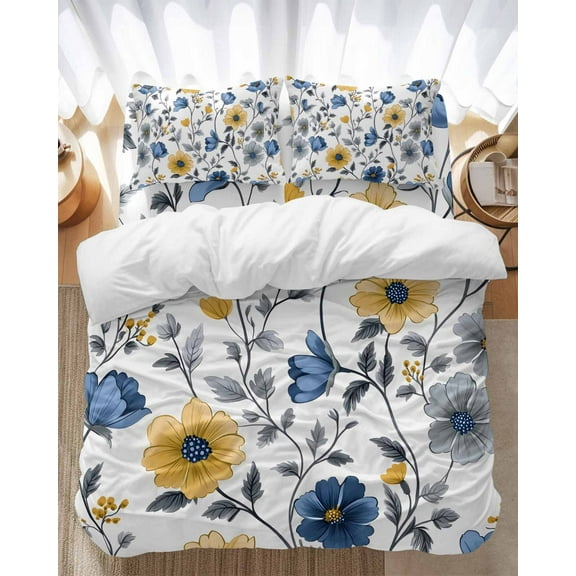 Yellow Blue Floral Bedding Duvet Cover Set Full Size 4 Pieces Vintage Leaf Soft Twill Plush Quilt Cover, Include 1 Duvet Cover 1 Flat Sheet And 2 Pillow