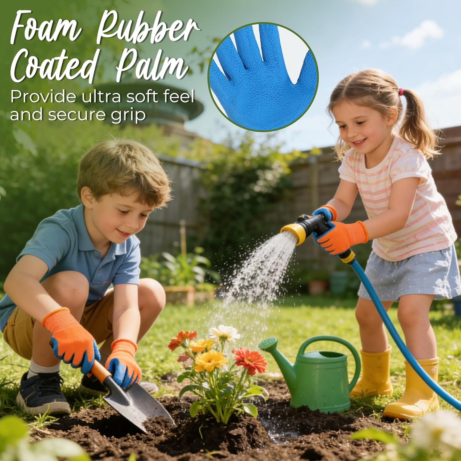 2 Pairs Kids Gardening Gripper Gloves, Foam Rubber Coated Children Toddler Garden Yard Work Outdoor Playing Gloves for Girls Boys (Size M)