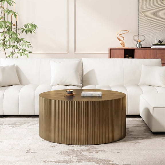 35.83" Minimalist Wave Stripe Coffee Table, Modern Round Coffee Table, Drum Circle Coffee Table for Living Room, Bedroom , Antique Brass, Antique Gold,Copper Gold