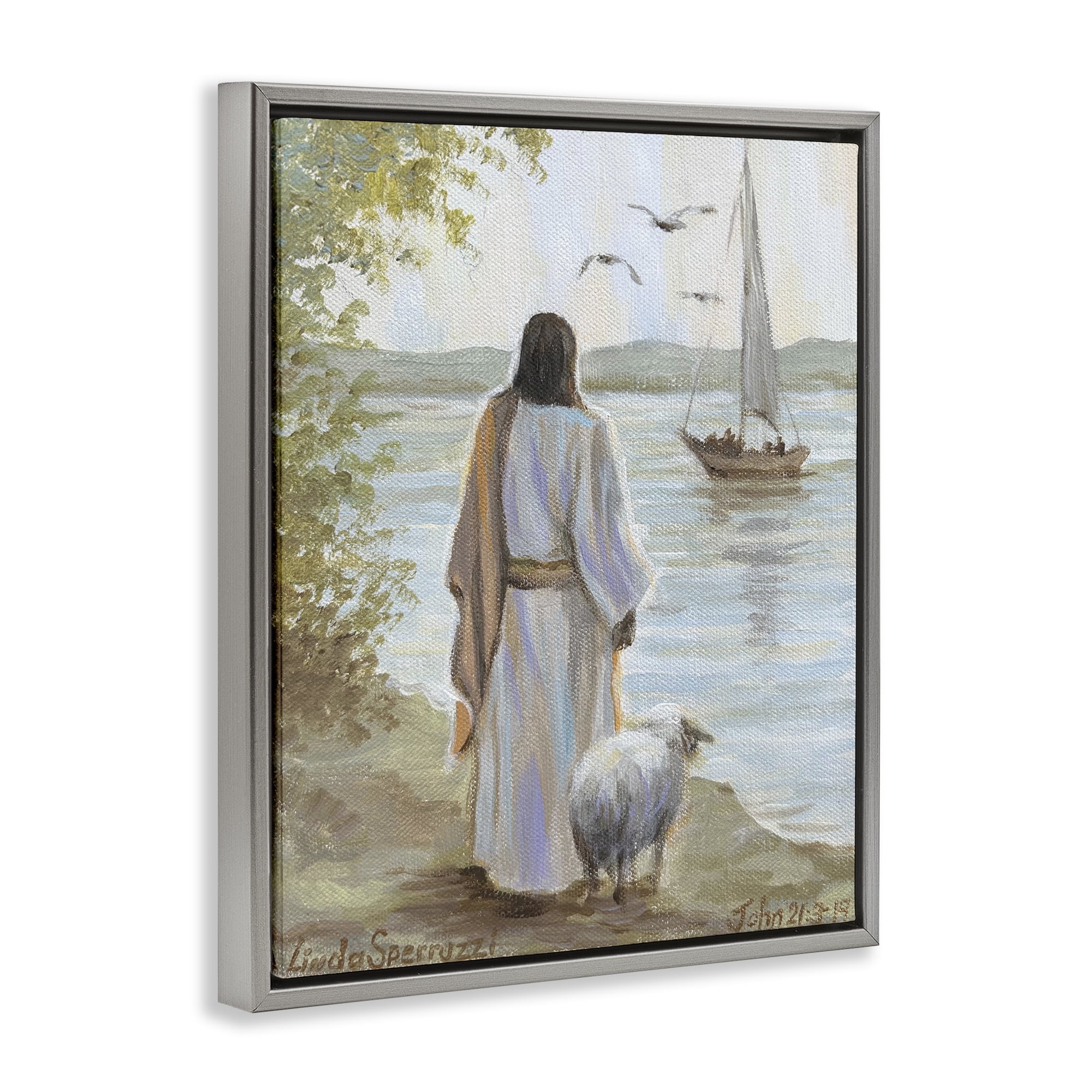 Stupell Industries Jesus Waiting Ashore Gray Framed Floater Canvas Wall Art, design by Linda Sperruzzi