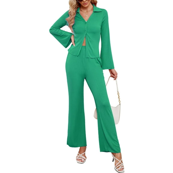 Women's 2 Piece Outfits Set Long Sleeve Notch Lapel Knit Sweater Top Wide Leg Lounge Pants Business Casual Cardigan Sets