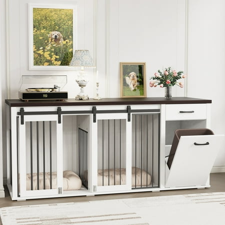 71 Multi- Functional Dog Crate Furniture for 2 Dogs with Divider and Sliding Doors Large Dog Kennel with Storage Drawer and Tilt Out Trash Cabinet Whilte