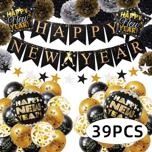 2026 New Years Eve Decorations 2026 Black Gold New Year Banner Paper Flag Bunting Pom Poms for New year Party Decorations 39Pcs Set 1