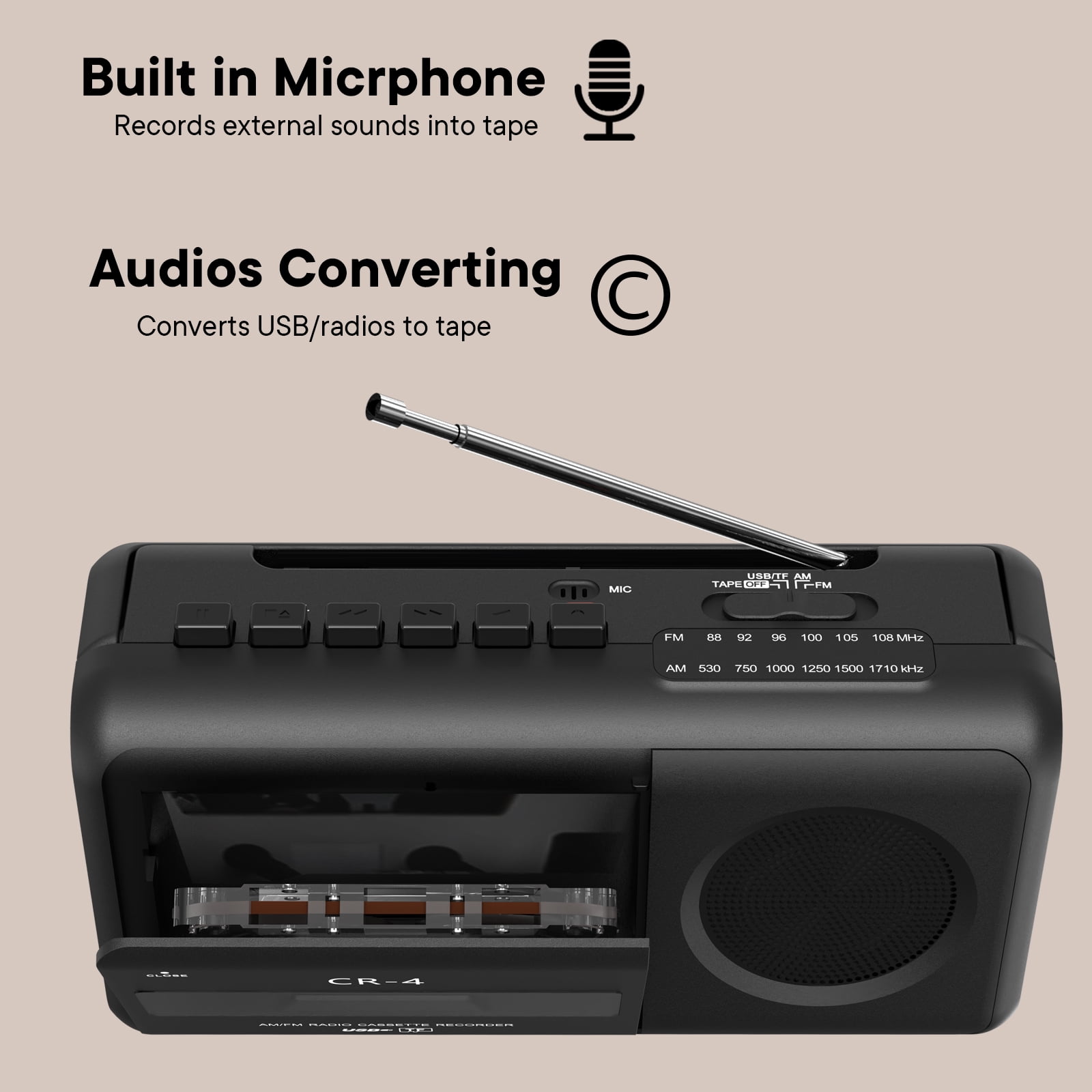 Cassette Player Boombox, Portable AM/FM Radio Stereo, Cassette Tape Player Recorder with Big Speaker and Earphone Jack, Battery Operated or AC Powered