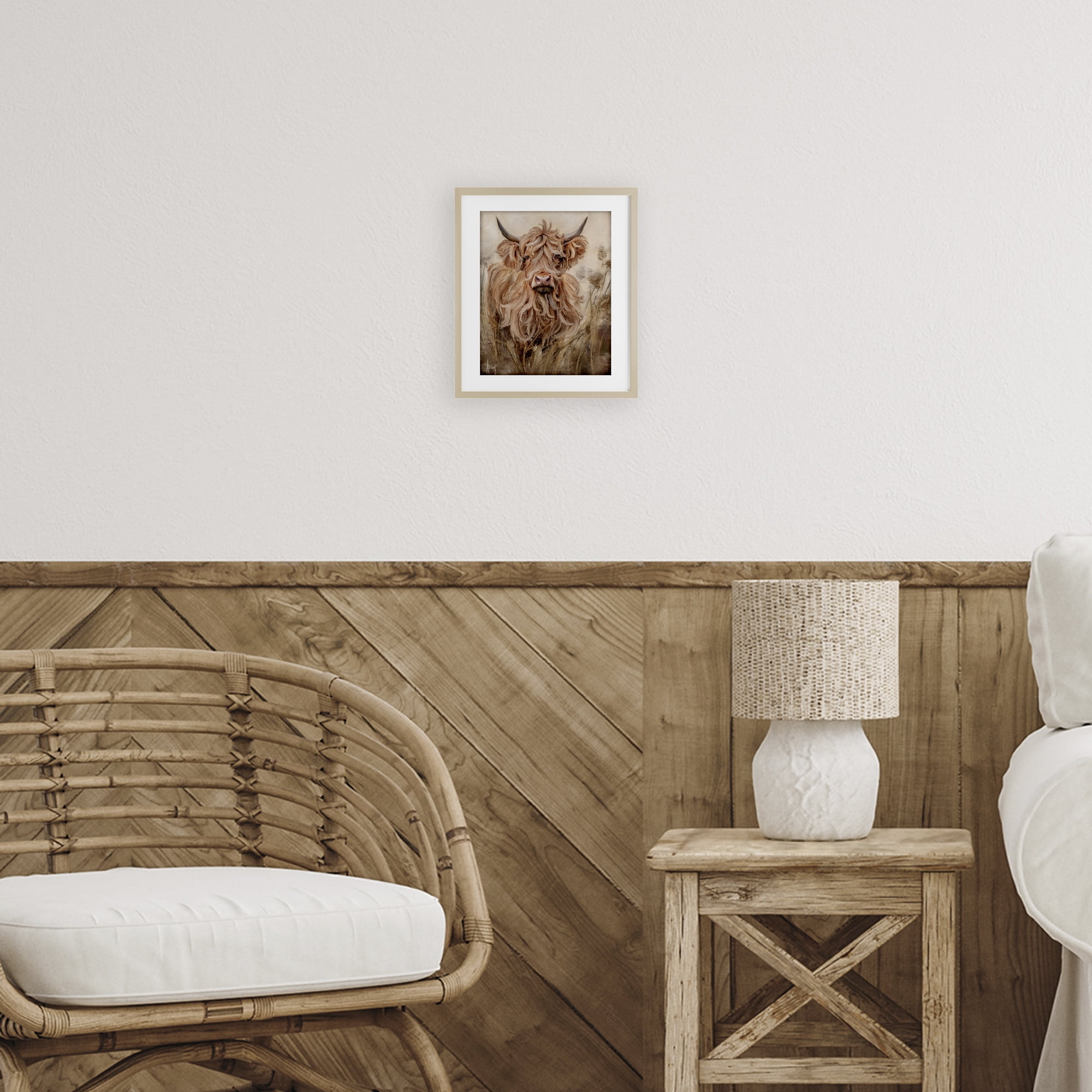 Curly Haired Highland Cattle Birch Framed Print Under Glass, design by Ashley Bradley