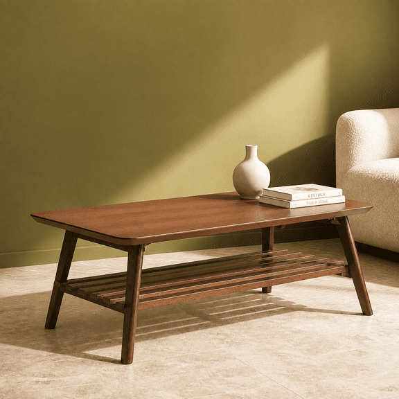 SOLTERIELLE Folding Coffee Table with Storage Shelf, 47.2-Inch Mid Century Modern Wood Coffee Table, Rectangular Walnut Brown Center Table for Living Room, Apartment and Small Spaces