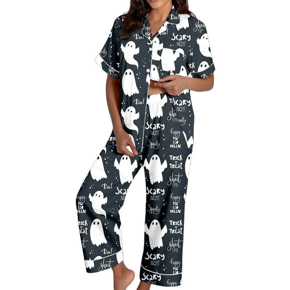 Women's Pajama Sets Floral Print Button Down Comfy Outfit Soft Nightwear Casual Home Wear Pjs Sets Sleepwear Navy XL
