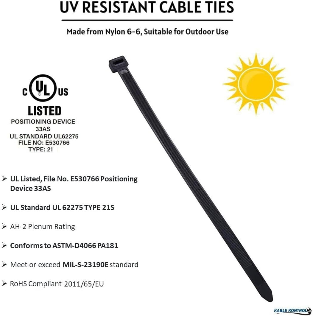 Kable Kontrol Black Zip Ties - 18" Inch Long Heavy Duty - UV Resistant - 175 Lbs Tensile Strength - 100 pc Pack