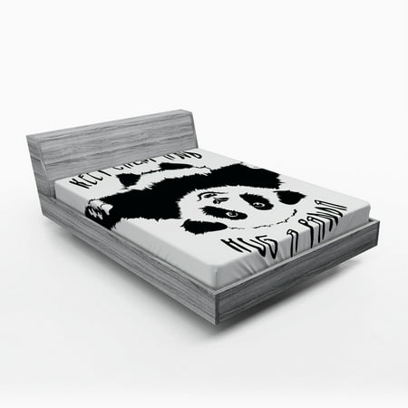 Black and White Fitted Sheet Funny Animal Mascot Keep Calm and Hug a Panda Motivational Words Art, Soft Decorative Fabric Bedding, Black White, by Ambesonne