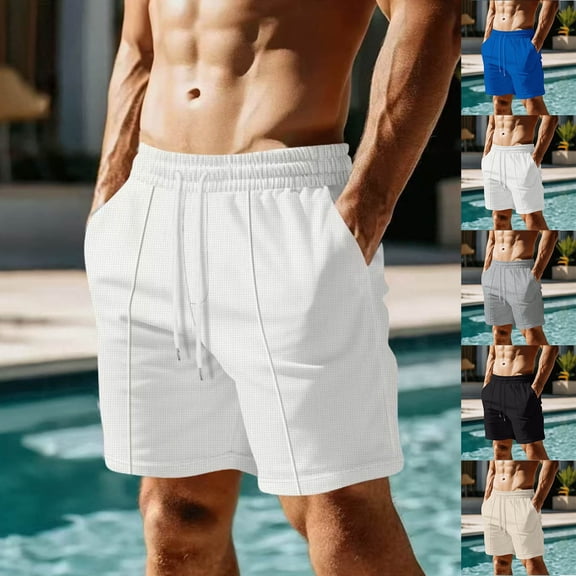 RYDCOT Mens Casual Shorts 5" Sweat Shorts with Pockets Summer Drawstring Elastic Waist Waffle Knit Jogger Shorts Men White