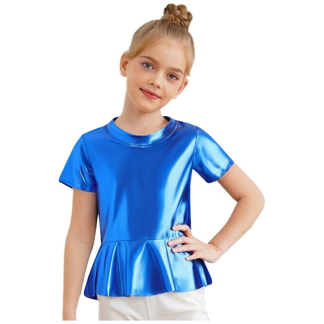 Moggemol Children Girls Festival Party Ruffle Crop Tops Shiny Metallic Layered Tee Jazz Hip Hop Light Blue 140