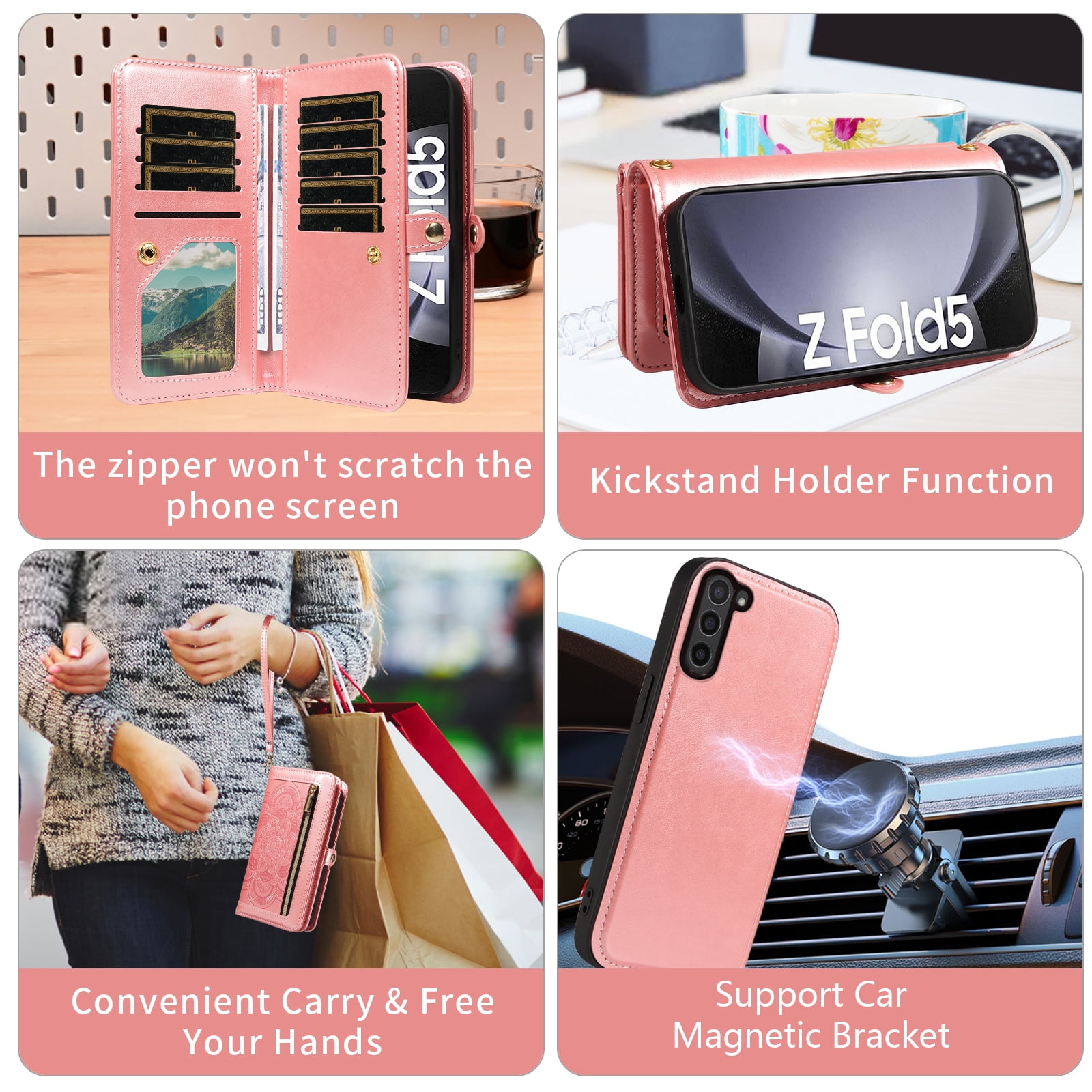Asuwish Phone Case for Samsung Galaxy Z Fold 5 5G 2023 Zipper Wallet Cell Cover Crossbody Strap Flower Flip Card Holder ZFold5 Z5 G Fold5 ZFold 5Z Women Rose Gold