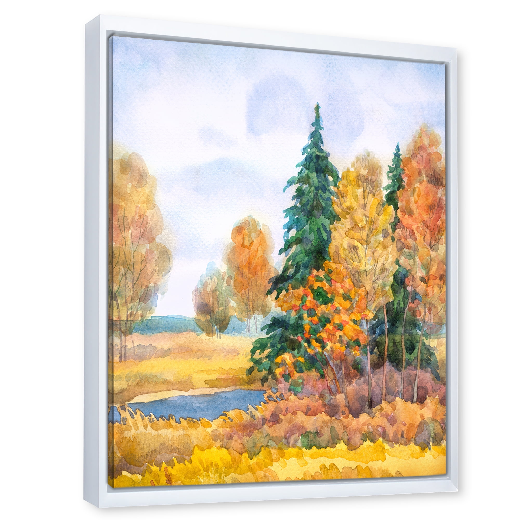Designart 'Autumn Forest By The Lake Side V' Lake House Framed Canvas Wall Art Print