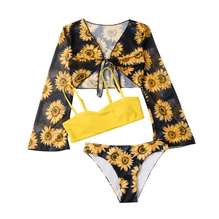 

Toddler Swimsuits For Girls Size 140 3 Piece Sunflowers Prints Bikini Briefs Bikini Beach Swimwear Set Yellow Bathing Suits For Girls