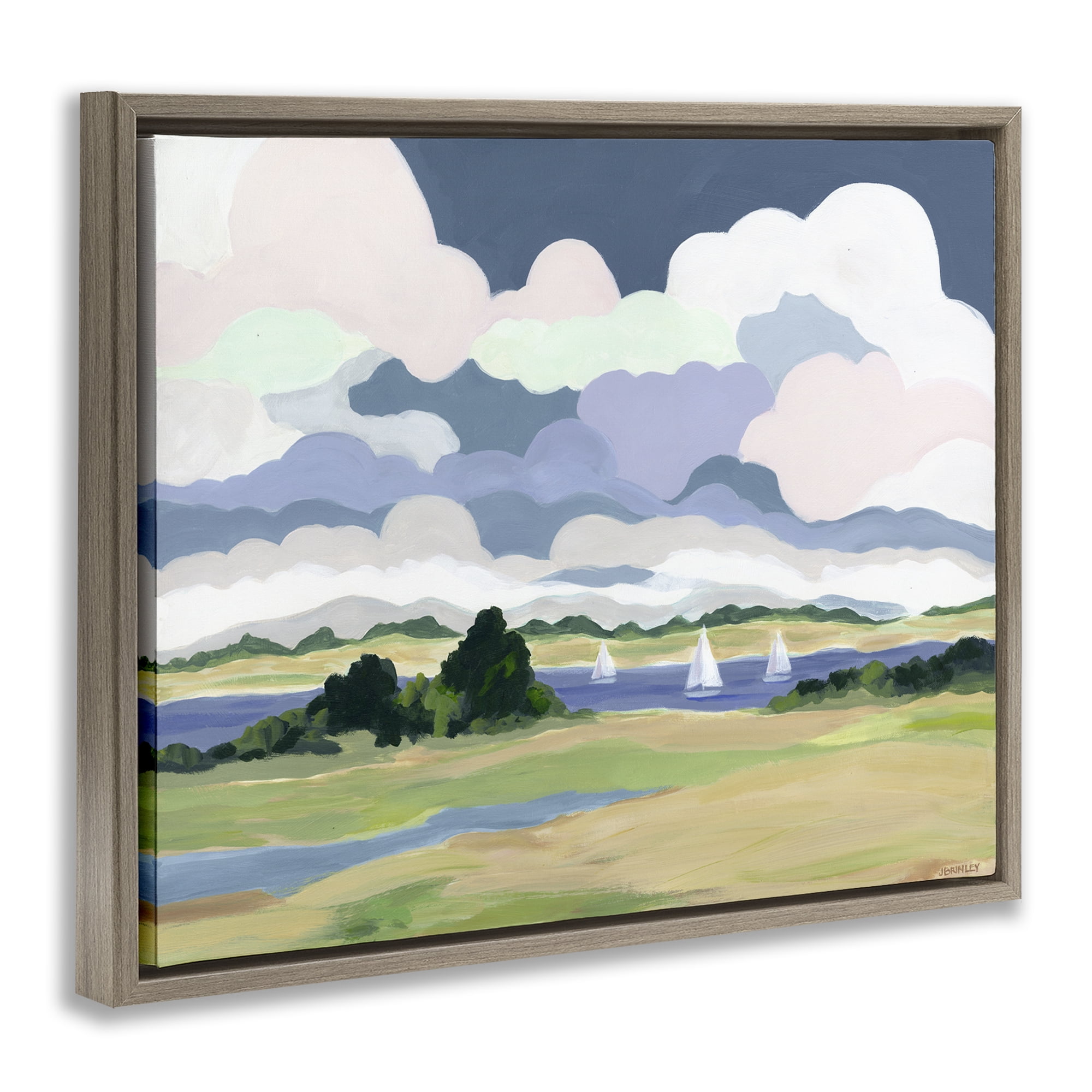 Stupell Industries Billowing Clouds Countryside Landscape & Nature Painting Brown Floater Framed Canvas Art Print Wall Art, 31 x 25