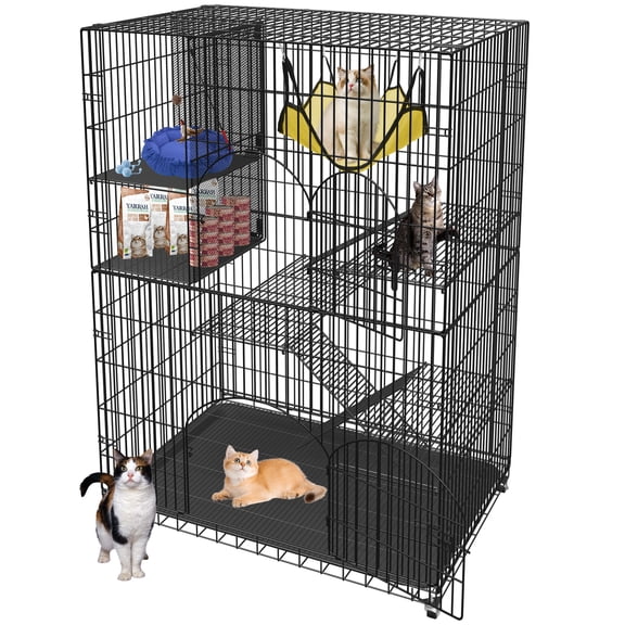 SQIREP Collapsible Cat Cage with Storage Cube Indoor Catio Cat Enclosures Metal Cat Playpen with Large Hammock for 1-4 Cats 4 Tiers Cat Kennel