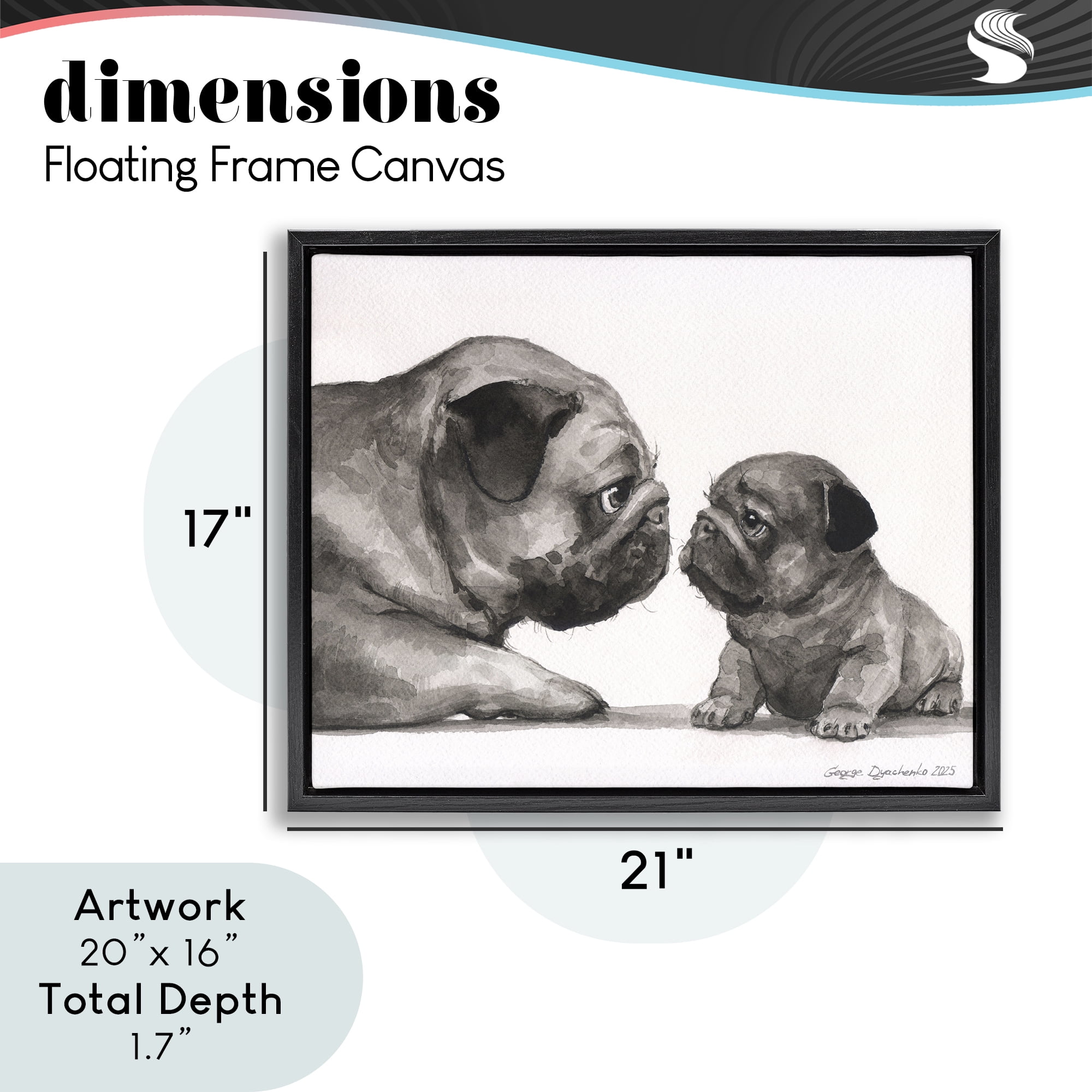 Stupell Industries Pug And Her Puppy Black Framed Floater Canvas Wall Art, design by George Dyachenko