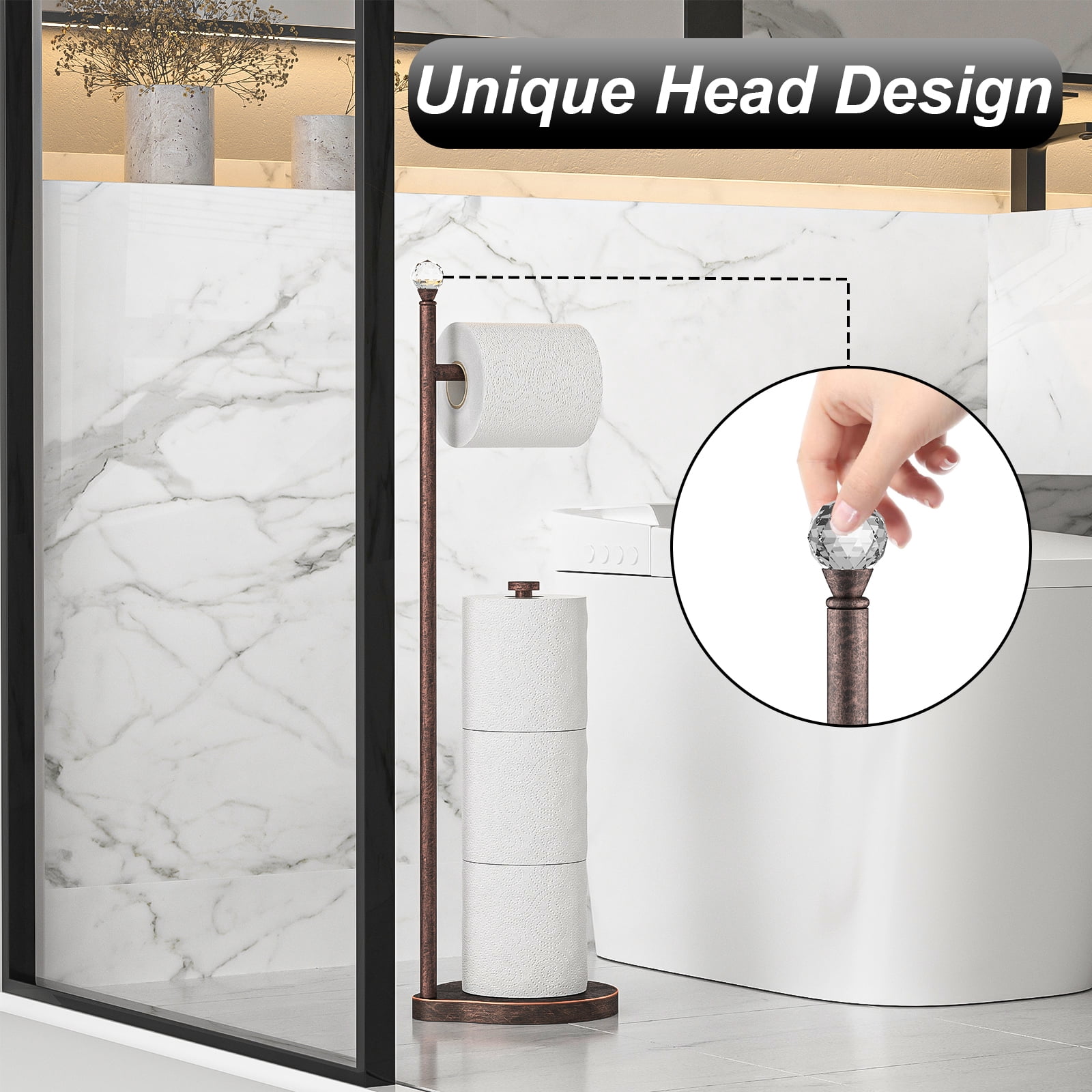 Toilet Paper Holder for Bathroom, Heavy Weighted Metal Free Standing Toilet Paper Storage with Crystal Ball, Toilet Paper Stand for Bathroom Accessories, Oil Rubbed Bronze [Holds MEGA Rolls]