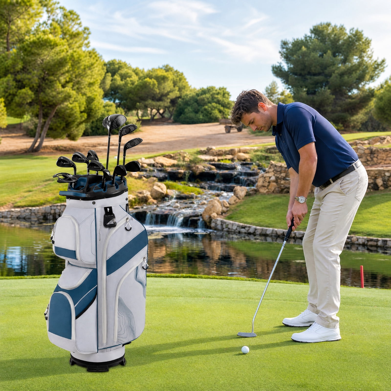 Airfind Molded Lock Top Golf Cart Bag with 14 Way Full Length Dividers and 11 Pockets, Navy Golf Club Bag with Dividers