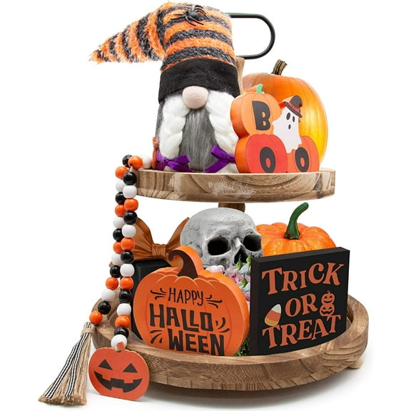 NXN-HOME Halloween Tiered Tray Decorations Including Trick or Treat Wooden Signs, Cute Gnomes Plush and Bead Garland