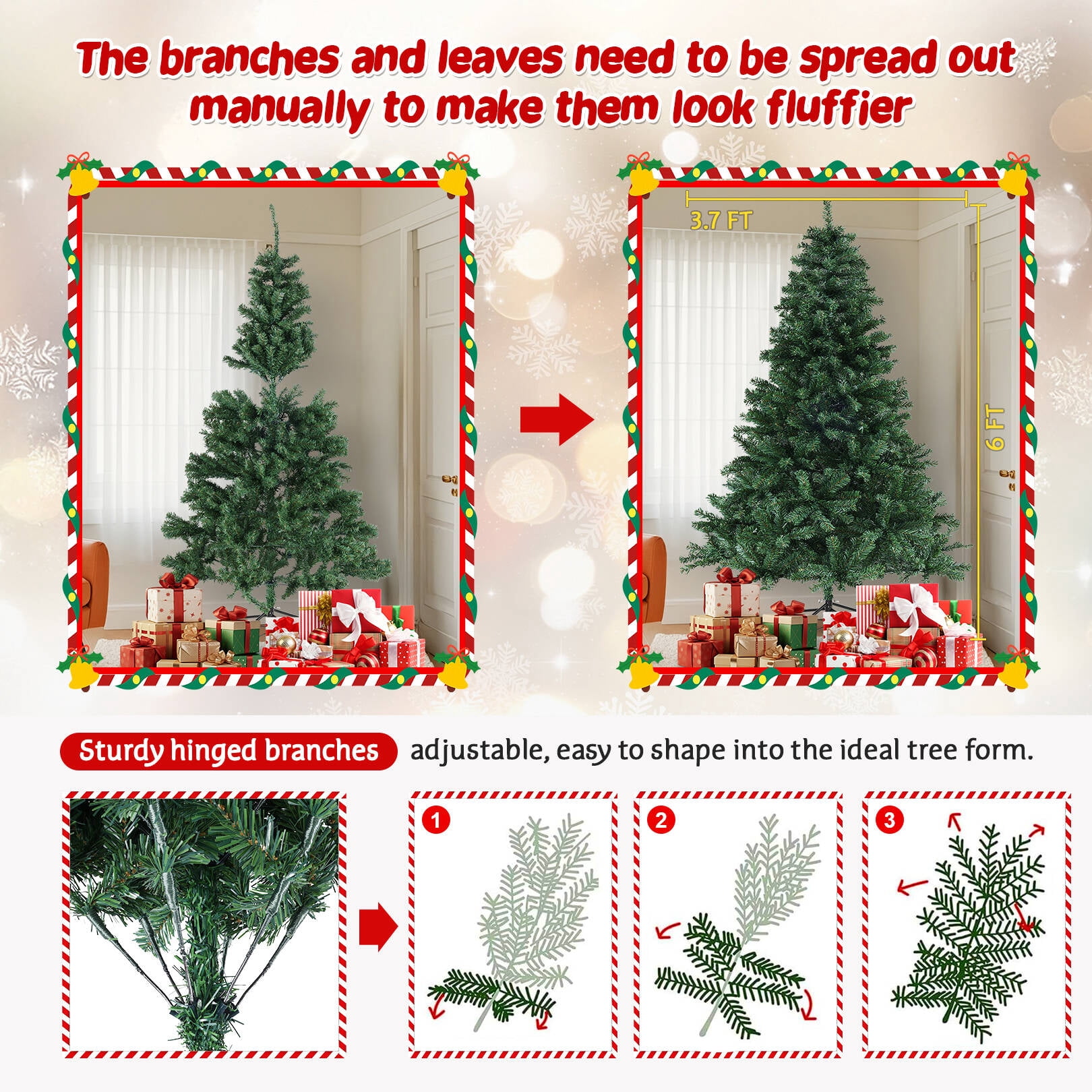 Funcid 6ft Pre-Lit Green Artificial Christmas Tree with 250 Colorful LED Lights and 1477 Branch Tips, Hinged Full Christmas Tree w/ Foldable Metal Stand, 8 Light Sequences for Home Holiday Decoration