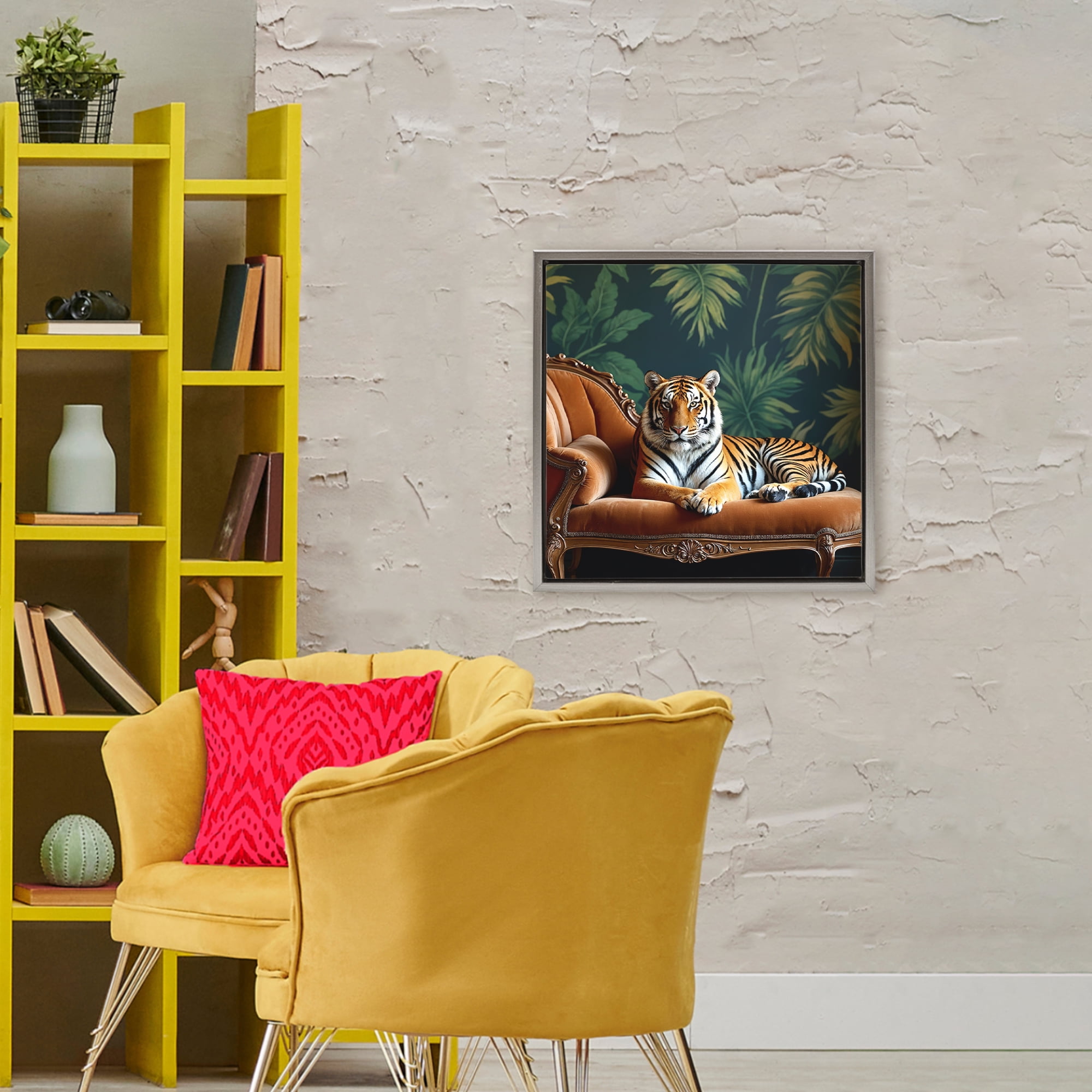 Tiger Lounging on Chaise Gray Framed Floater Canvas Wall Art, design by Lettered and Lined
