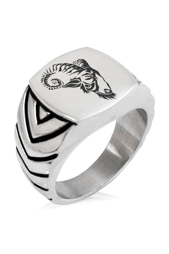 Stainless Steel Celestial Satyr Goat Chevron Pattern Biker Style Polished Ring