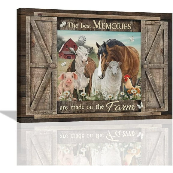 Farmhouse Animals Wall Art Farm Cow Pig Pictures Wall Decor Windows Rustic Animals Canvas Painting Country Framed Artwork for Bathroom Kitchen Bedroom Decoration 12"x16"
