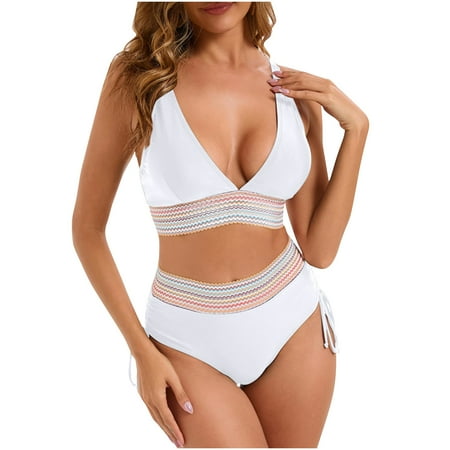 Bigersell Women s High Waisted Bikini Sets  Retro Cheeky Two Piece Swimsuits  Tie Side High Cut Bathing Suits 2 Piece Swimwear for Beach & Pool White M