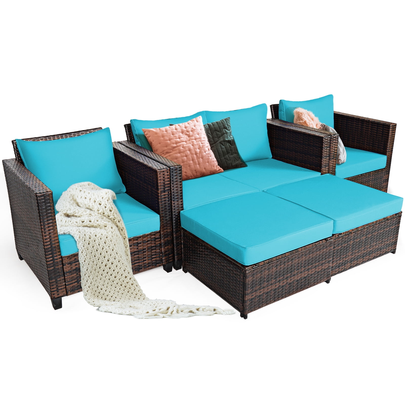 Gymax 5PCS Outdoor Patio Rattan Conversation Sofa Furniture Set w/ Turquoise Cushions