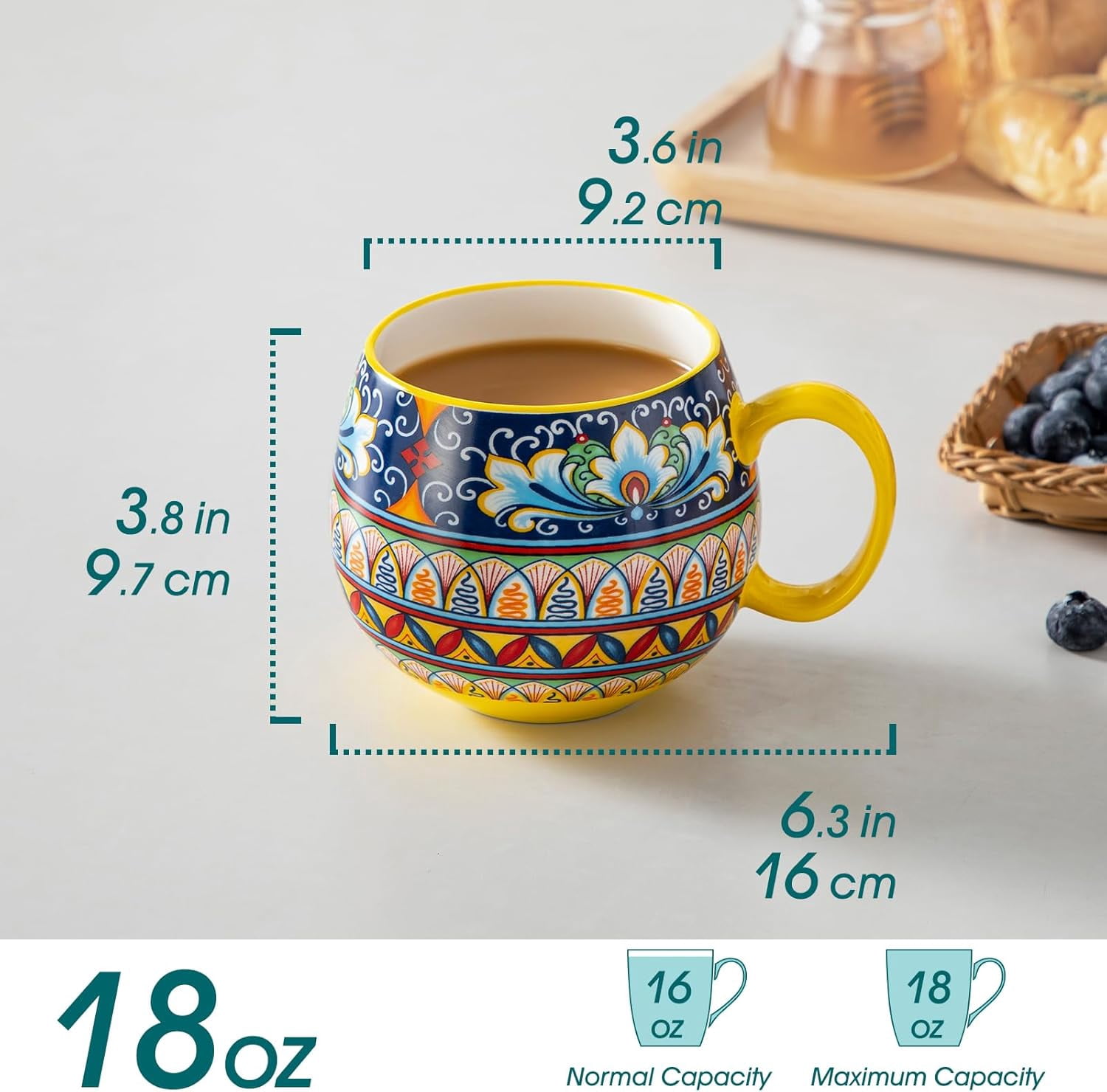 Ceramic Coffee Mug Set of 6, 16oz Porcelain Cups for Cappuccino, Latte, and Espresso, Colorful Boho Mugs with Handle, Rounded Design, Dishwasher and Microwave Safe