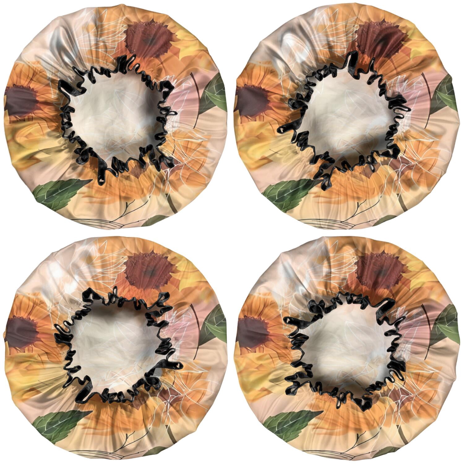 Shower Caps,Yellow Green Leaf Sunflower Pattern Waterproof Shower Cap for Women 4 Pieces,Double Reusable Hair Cover for Shower PEVA Elastic Stretch Hem