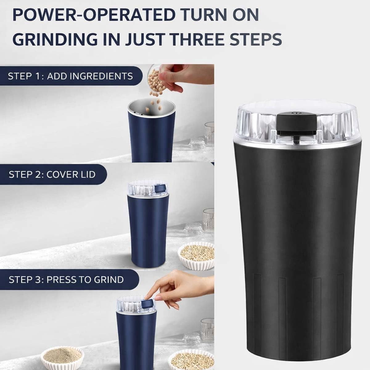 Household Superfine Grinder - 250ml Electric Coffee & Spice Grinder for Multi-Grain Blending & Powdering, One Touch Grinder Electric with Stainless Steel Blades for Beans, Herbs, Nuts, Grains