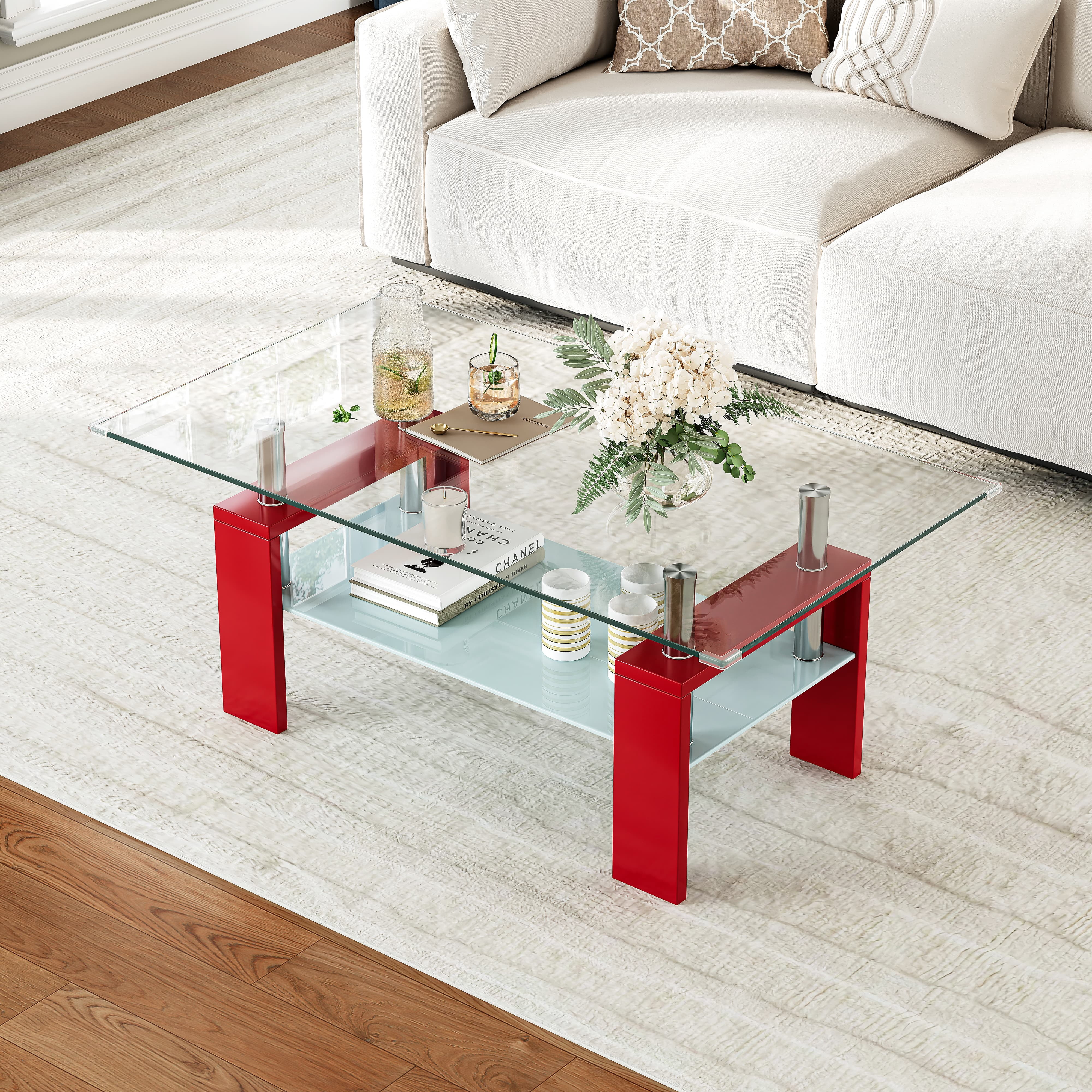 Rectangle Glass Coffee Table, 37.2"  2-Tier Modern Tea Table with Storage Shelf for Living Room