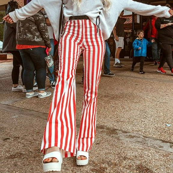 AOOCHASLIY 2023 Women's Pants Women Fashion Casual Print Flare Stripe Camping Long Pants