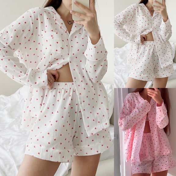 Womens Satin Valentines Day Sets Heart Feather Trim Silk 2 Piece Striped Cute Pajamas Sets Lounge Sleep Pjs Comfy Pjs For Women Set Red L