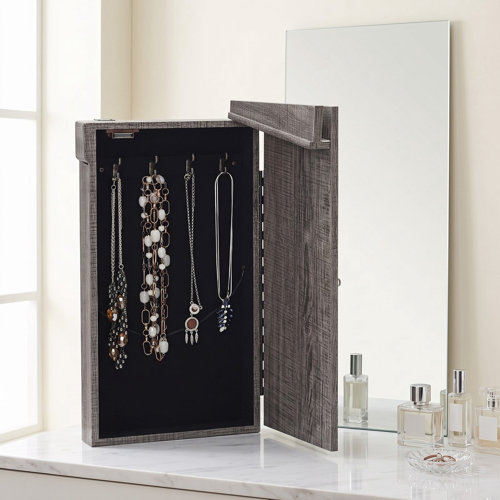 Furnibear Freestanding Jewelry Cabinet Storage Organizer with 5 Drawers and Wooden Legs for Bedroom Necklace Storage, Gray