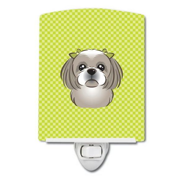 Caroline's Treasures BB1312CNL Checkerboard Lime Green Gray Silver Shih Tzu Ceramic Night Light, 6x4x3", multicolor