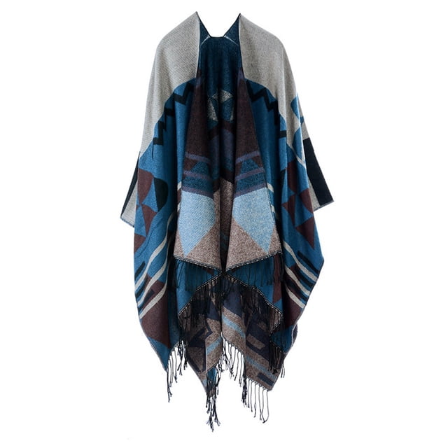 Las mujeres de punto mantón del poncho de imitación de la cachemira El modelo geométrico de la borla Tomshoo Azul