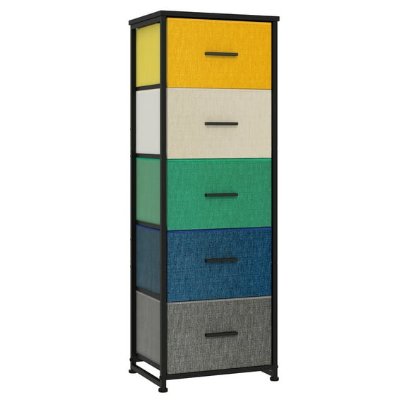 Permory 5-Drawer Fabric Dresser Colorful Organizer Unit for Closets with Sturdy Steel Frame and Wood Top, Tall Storage Tower for Closet, Easy Pull Fabric Bins