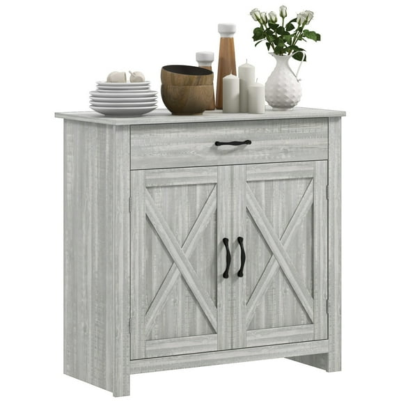 HOMCOM Farmhouse Sideboard Buffet Cabinet, Barn Door Coffee Bar Cabinet with Drawer and Adjustable Shelf, Kitchen Cabinet for Living Room, Entryway, Stone Gray