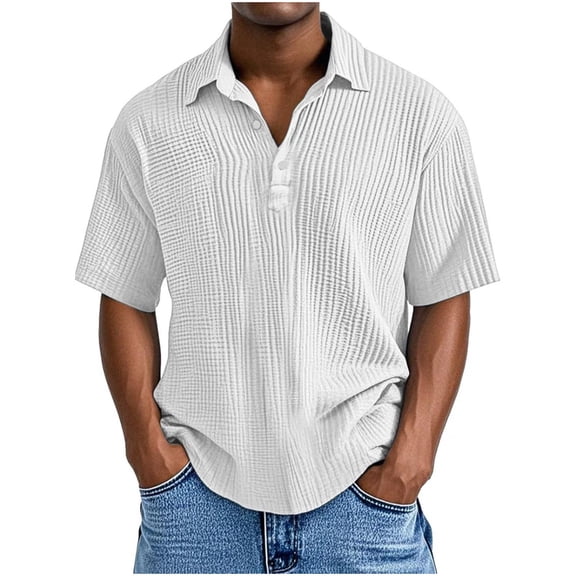 GuangCheng Mens Solid Color Textured Short Sleeve Shirts,Baggy Fit,Soft,Breathable,Pullover,Dress Shirts,White,Size 2XL