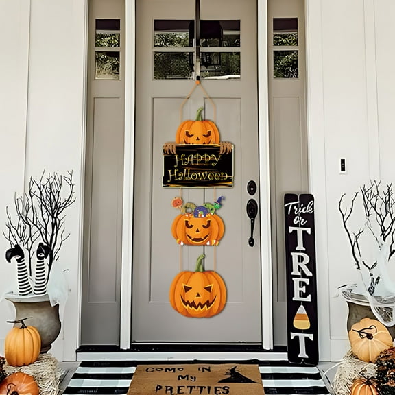 Summercome Halloween Pumpkin Wood Door Hanging Sign Decorations, Cute Ghost Pumpkin Wooden Signs, Large Size Halloween Front Door Hanger Yard Wall Home Decor for Halloween Party Supplies