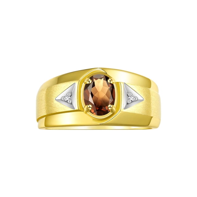 RYLOS Men's Rings Yellow Gold Plated Silver Classic 7X5MM Oval Gemstone & Diamond Ring Smoky Quartz June Birthstone Rings For Men, Men's Rings, Silver Rings, Size 8